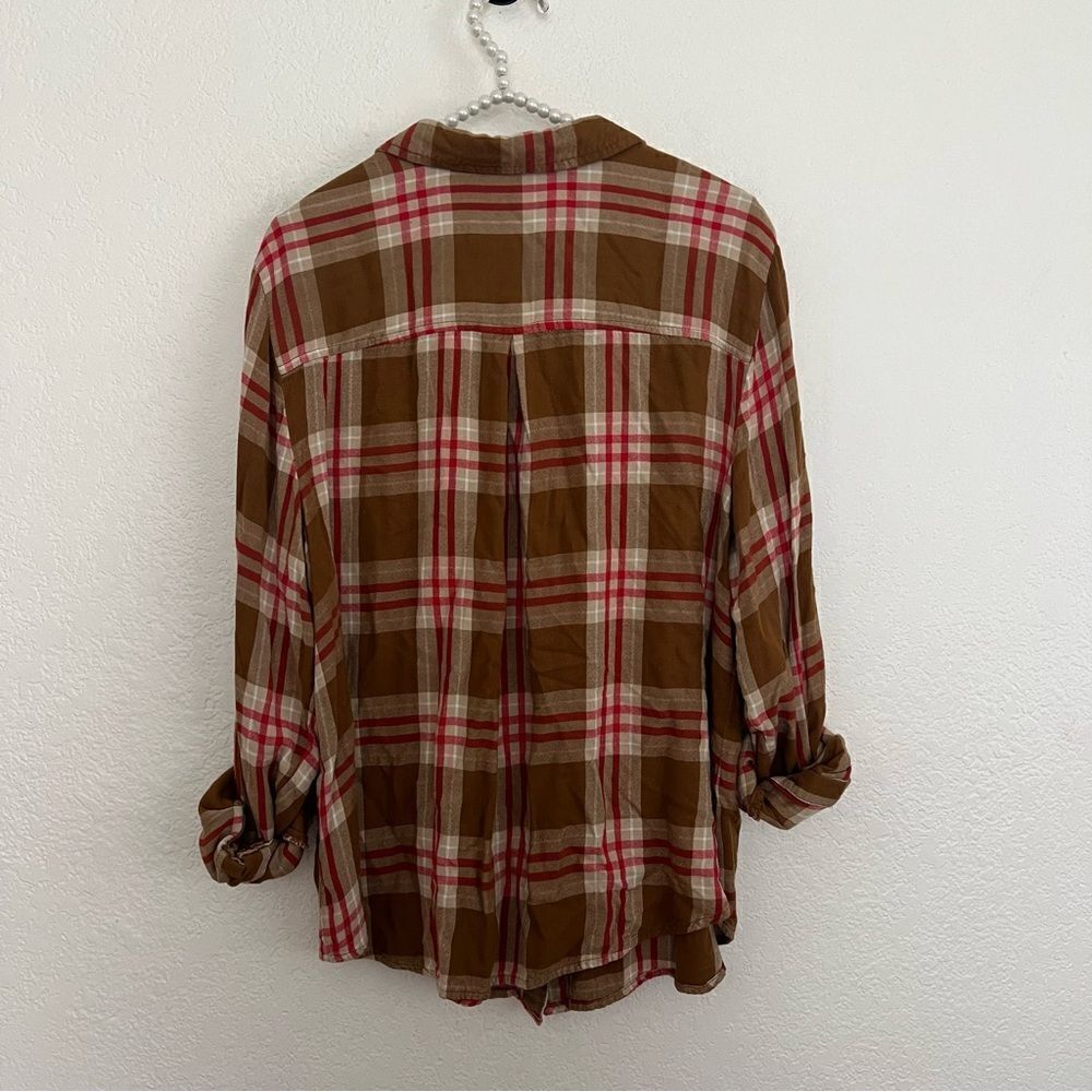 Time & Tru Plaid Long Sleeve Brown Button Front Collared Top Women’s Size XXL - Picture 8 of 10